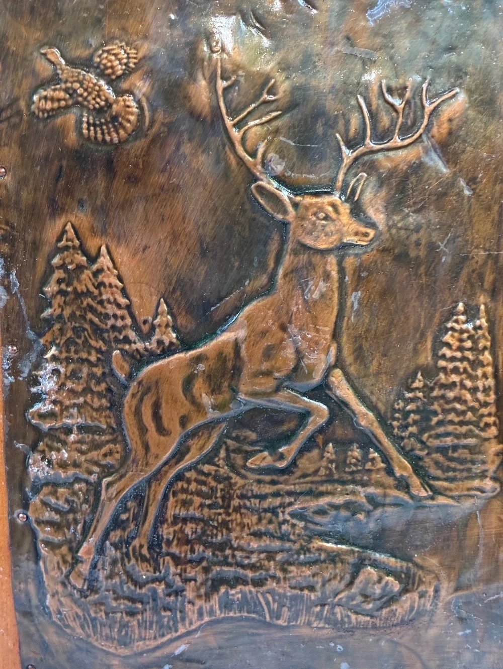 Vintage Wooden Wall Hanging with Copper Stamped Deer Scene